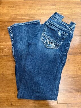 BKE Dark Blue Boot Cut Jeans with Distressed Back Pocket